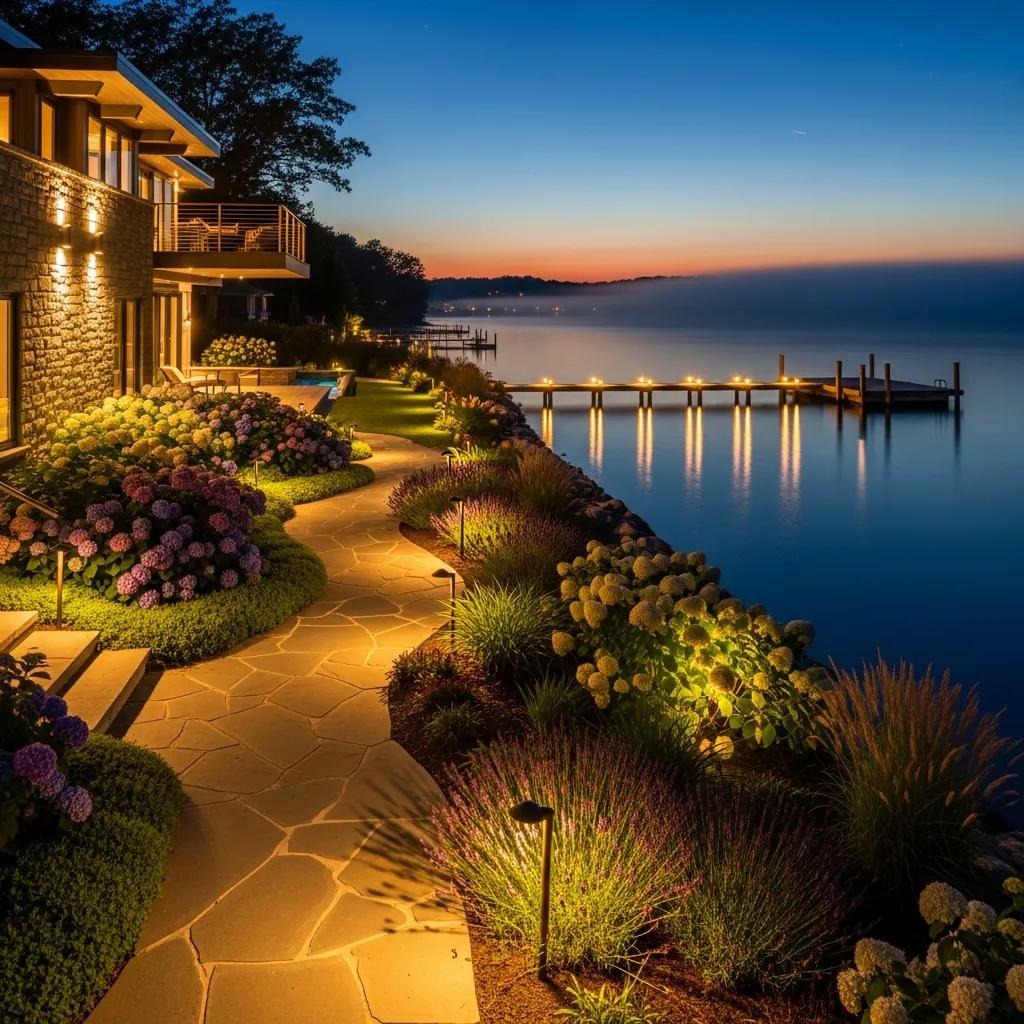 Waterfront property at dusk with layered landscape lighting enhancing pathways and architecture