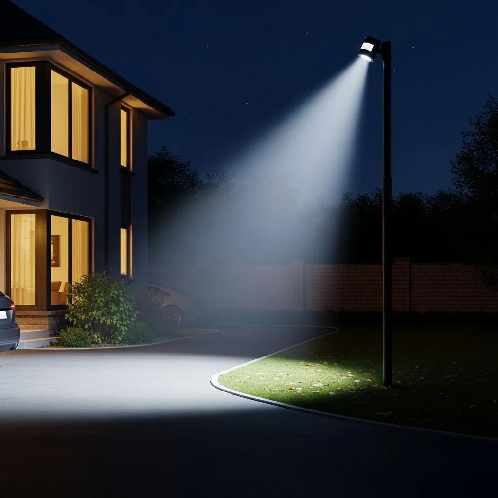 Motion-activated security light casting strong illumination over a driveway in Fort Myers