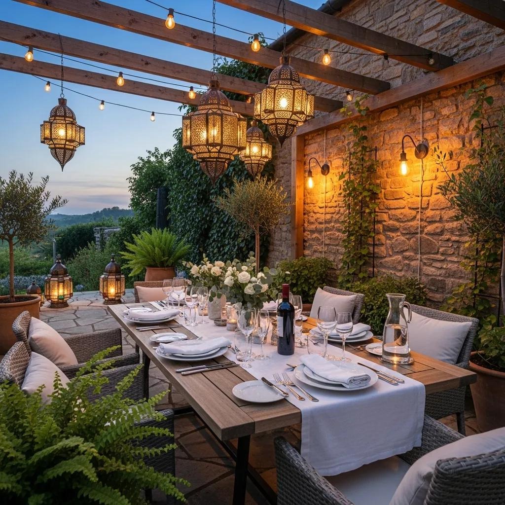 Inviting outdoor dining area lit with string lights and lanterns