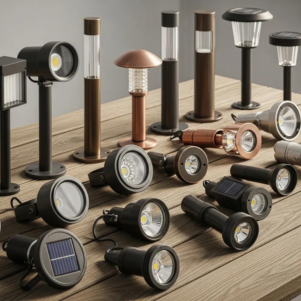 Selection of outdoor lighting fixtures including LED, low-voltage, and solar options
