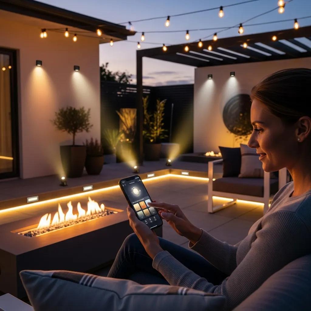 Homeowner controlling outdoor lighting from a smartphone on a patio