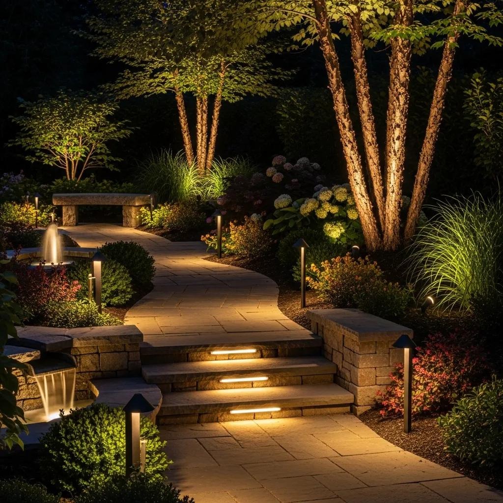 Garden path lit by landscape lights for safety and curb appeal