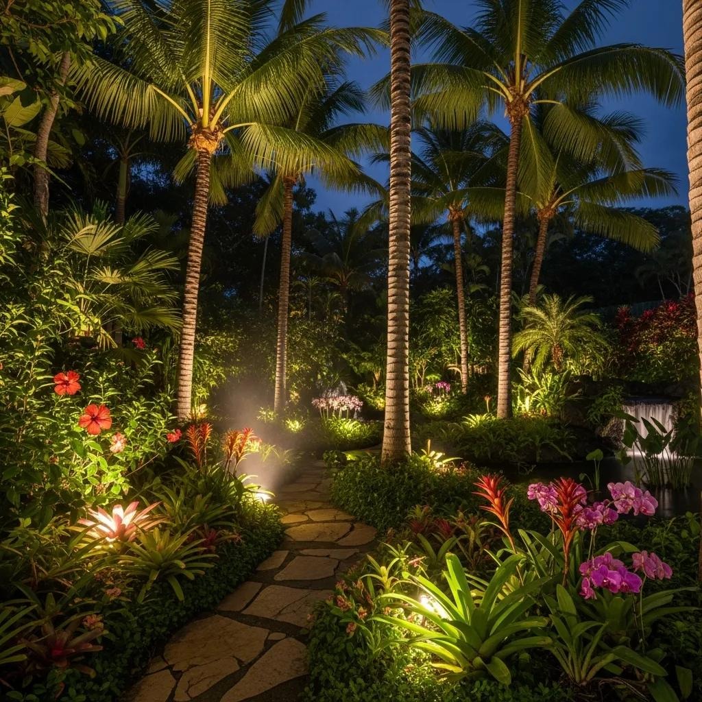 Uplighting on palm trees and tropical landscaping at night