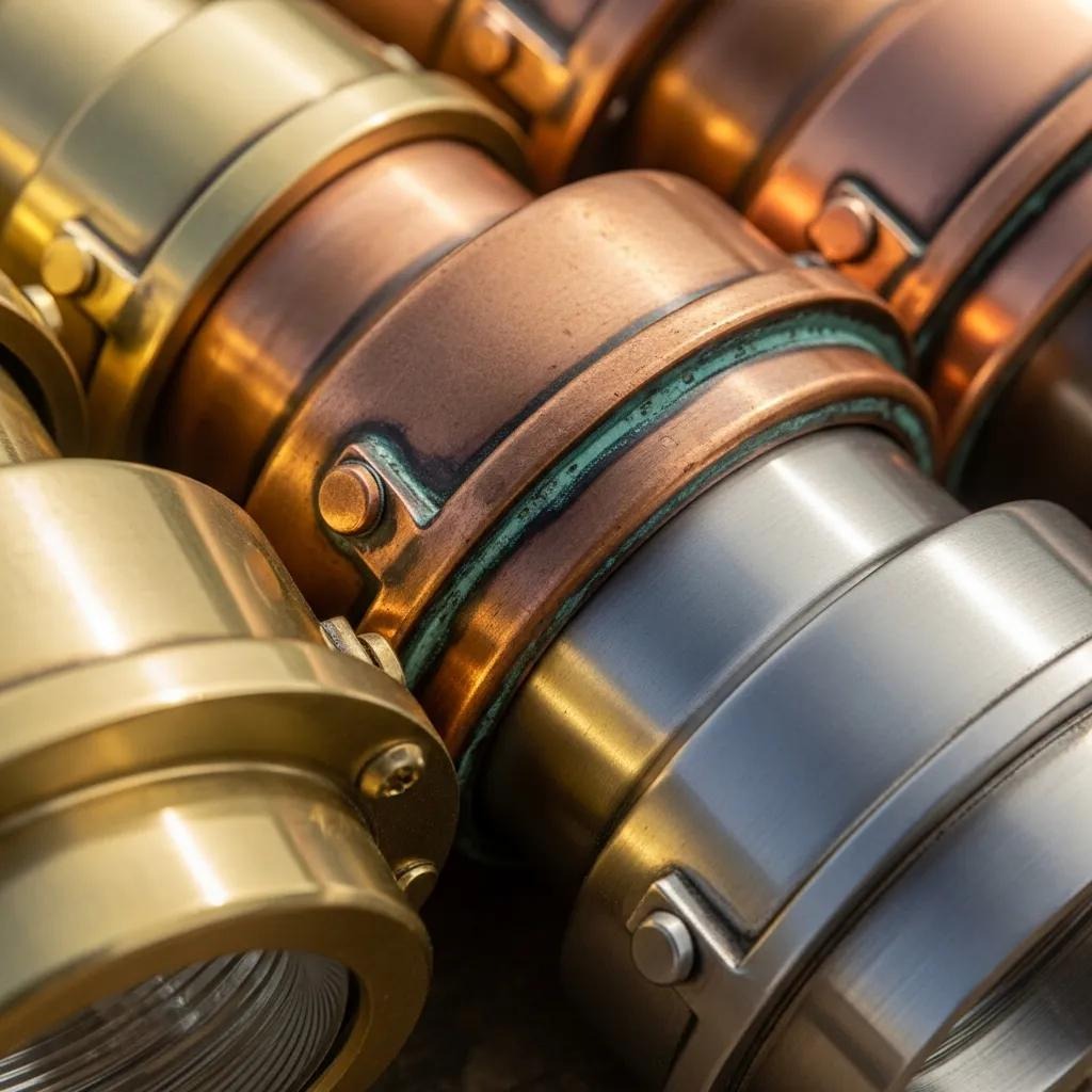 Close-up of marine-grade outdoor lighting fixtures showcasing brass, copper, and stainless steel Close-up of marine-grade outdoor lighting fixtures showcasing brass, copper, and stainless steel
