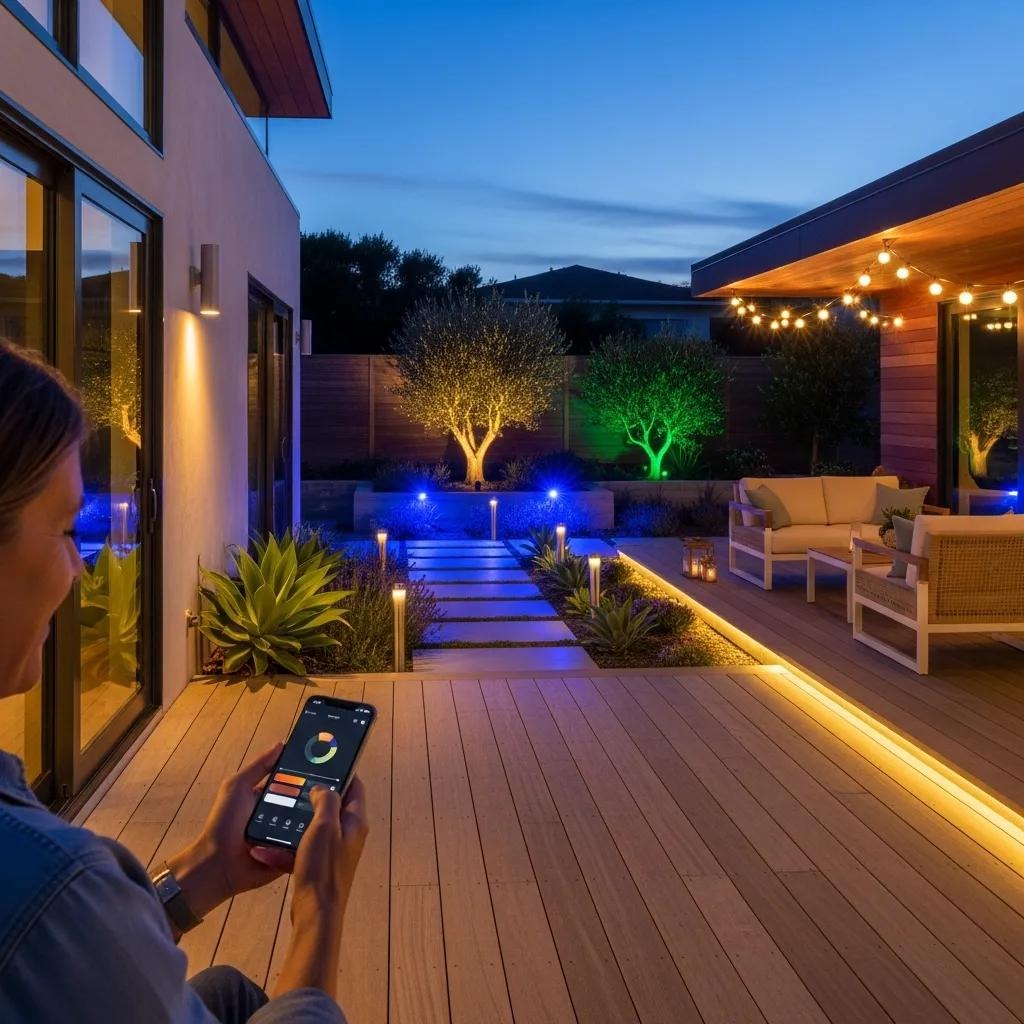 Smartphone controlling outdoor lighting scenes for a coastal home