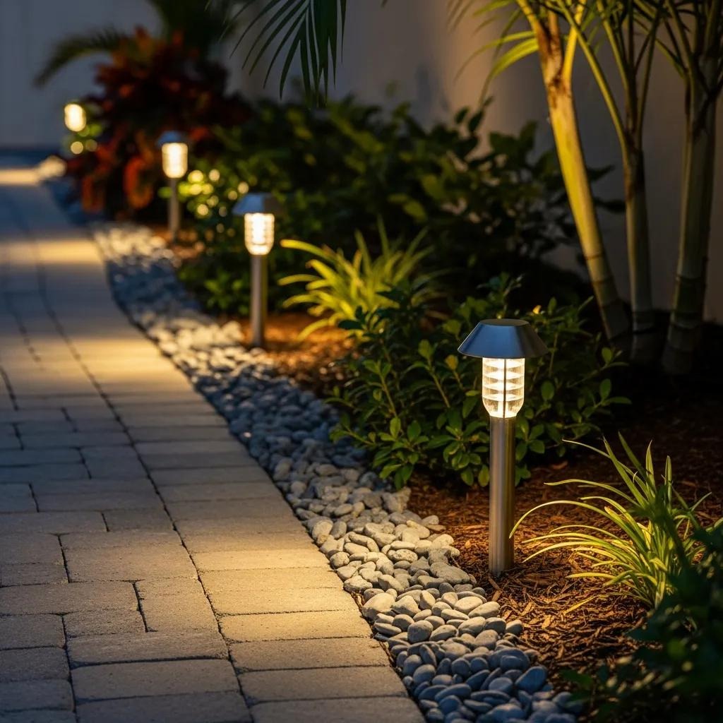 Energy-efficient LED lights illuminating a garden pathway in Fort Myers Energy-efficient LED lights illuminating a garden pathway in Fort Myers