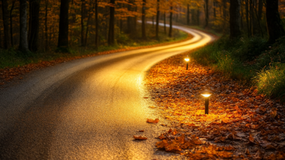 a paved road curving into the fall woods