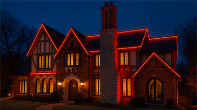 A house lined with red string lights