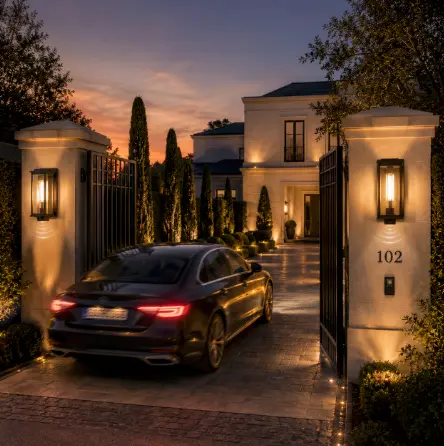 Picture of a car driving through lighted front gates and activating motion-sensor lights.