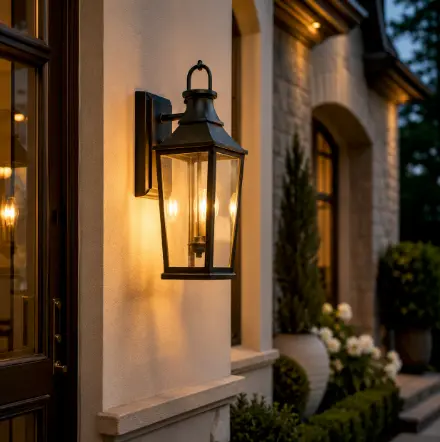 Lantern-style outdoor wall light mounted near a front door. 