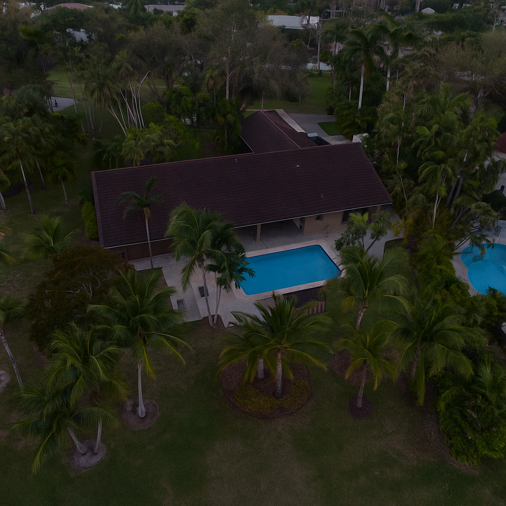 Aerial shot of an unlit backyard