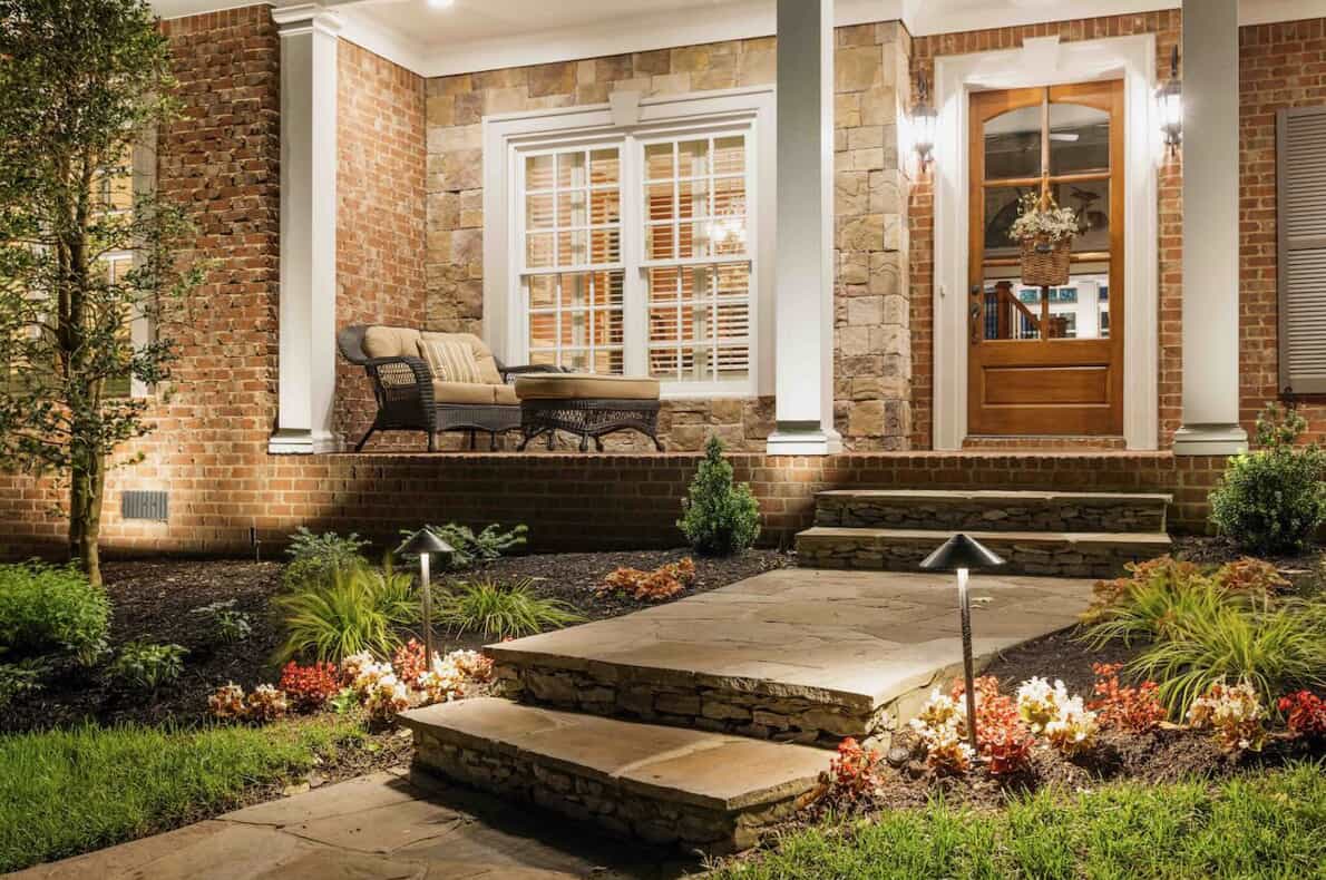 A brightly lit front porch