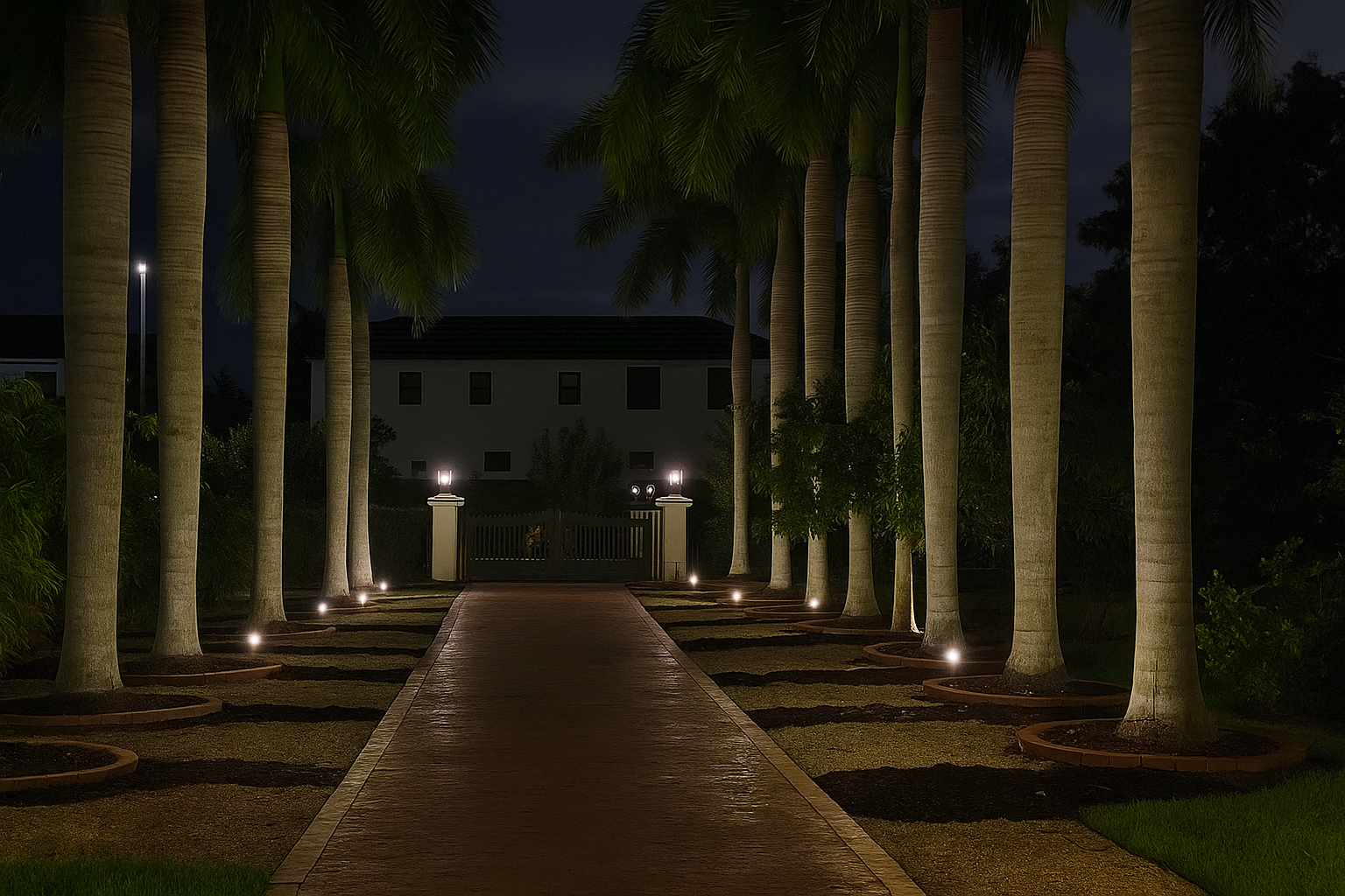 A dark driveway lined by palm trees