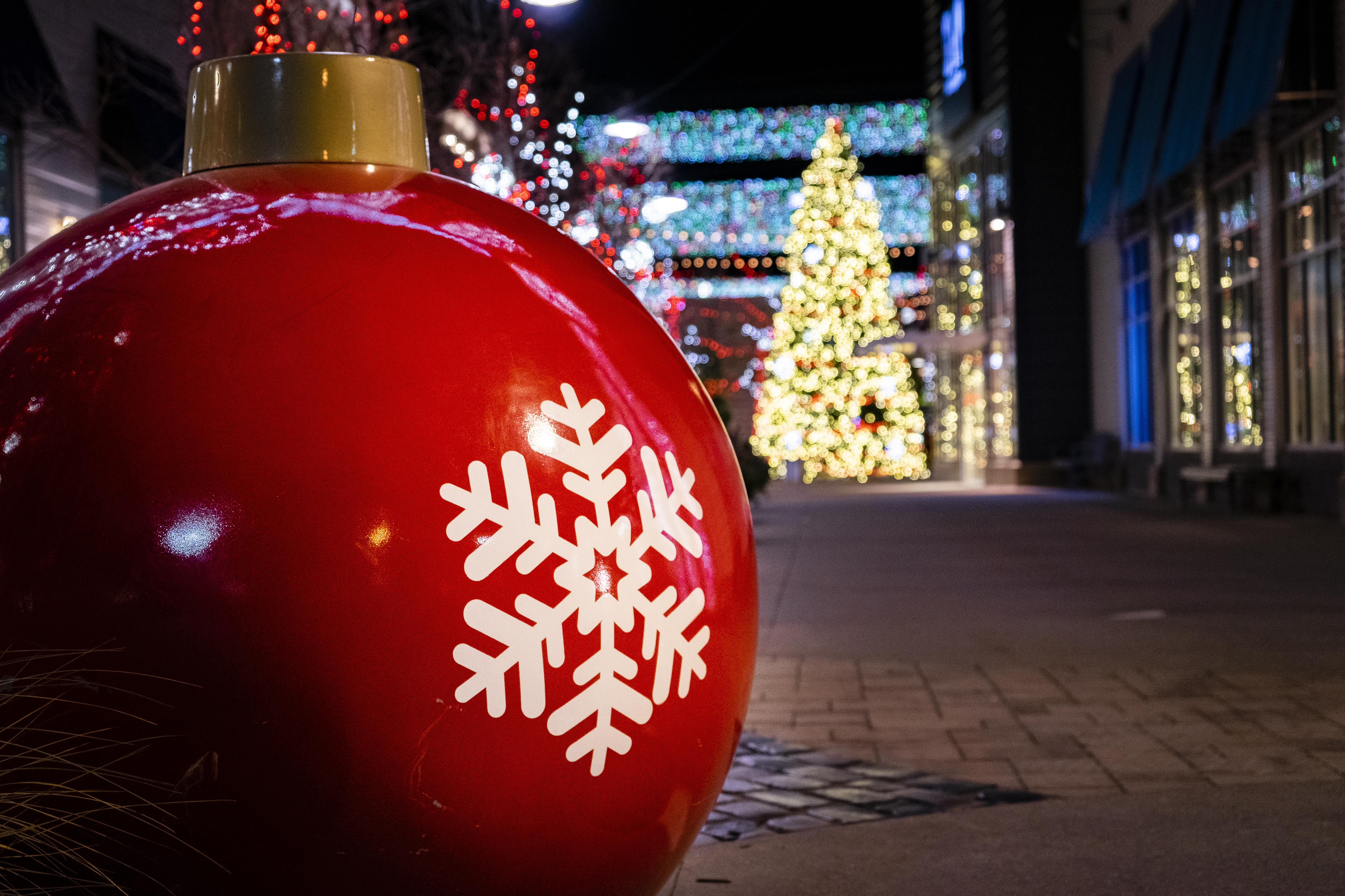 Large Ornament on outside mall with artifical lit tree in background