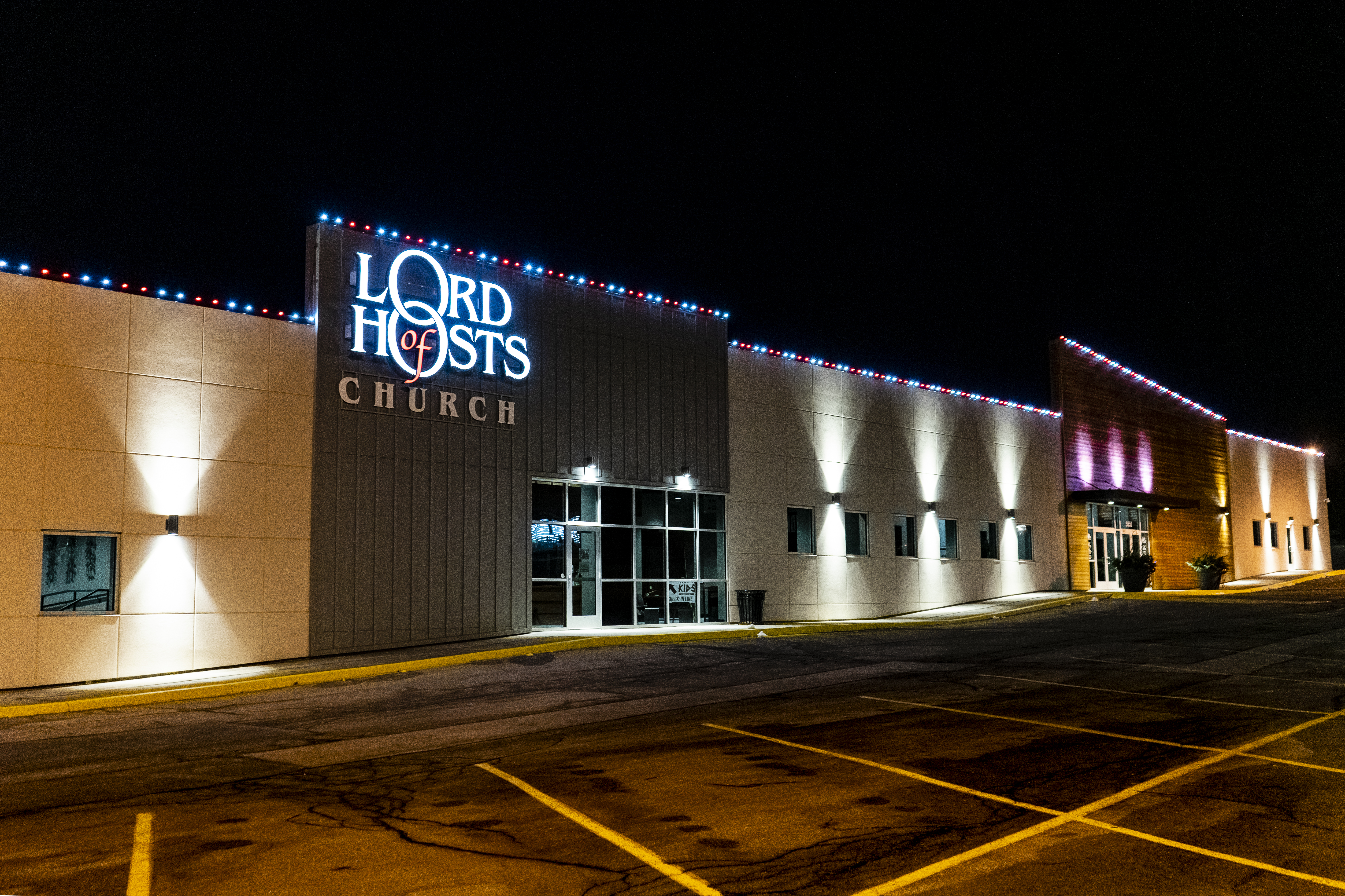 Holiday Lighting on roofline of church