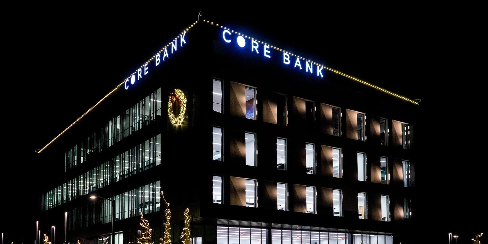 Lights on Core Bank building
