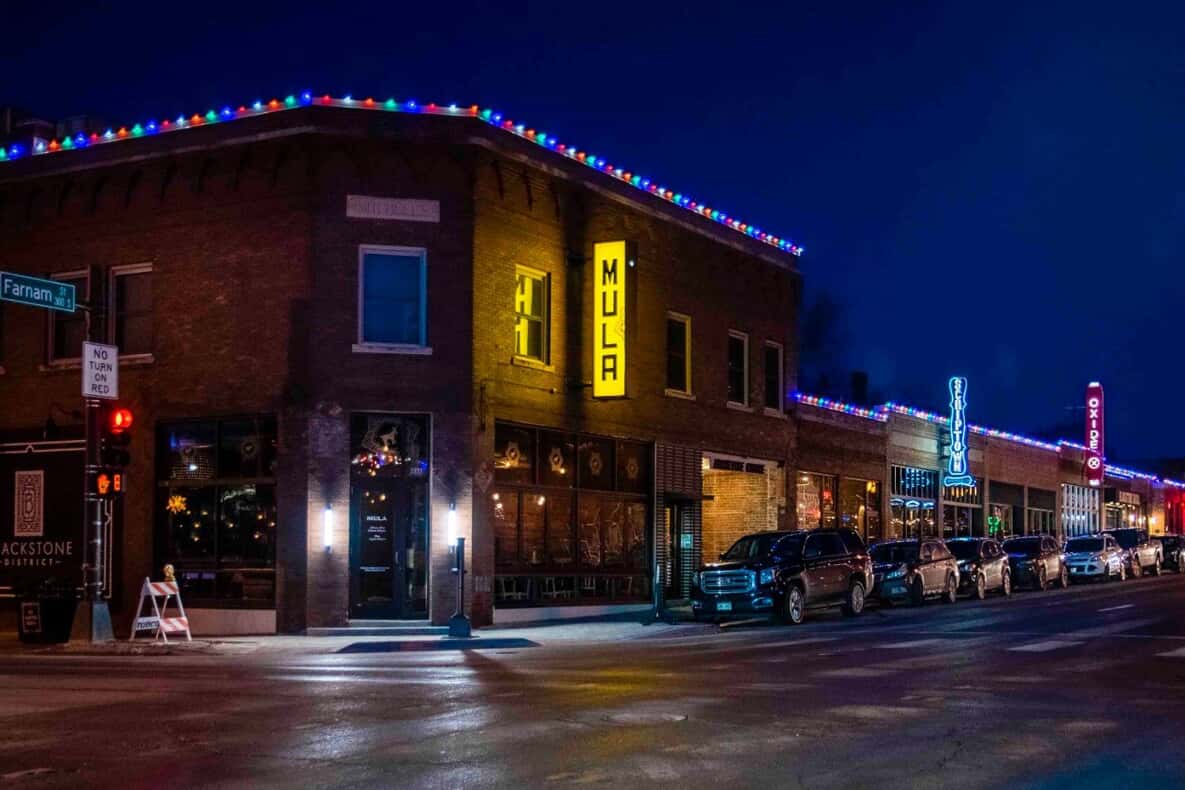 Christmas lights on a small downtown street