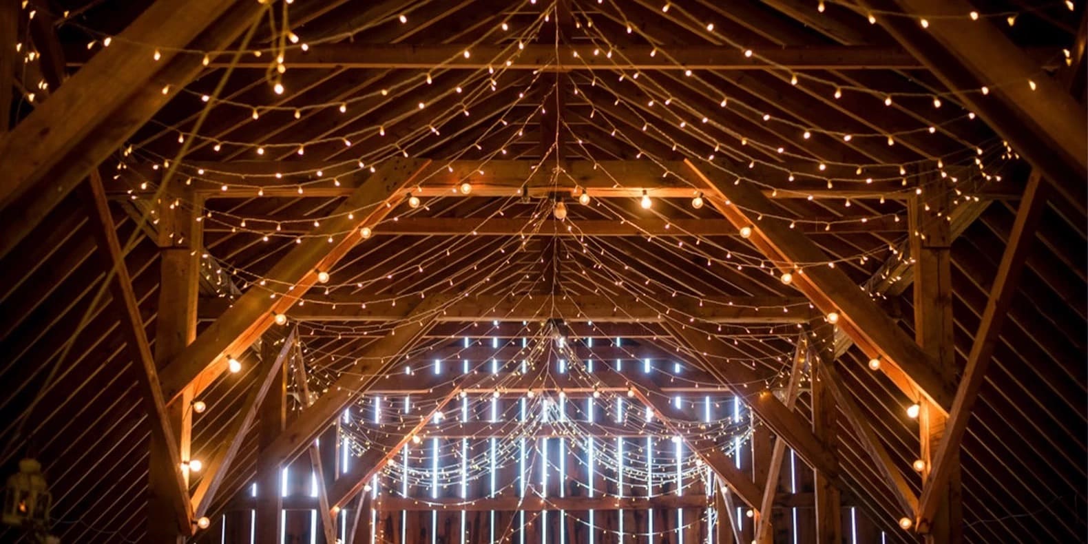 string lighting in wooden building