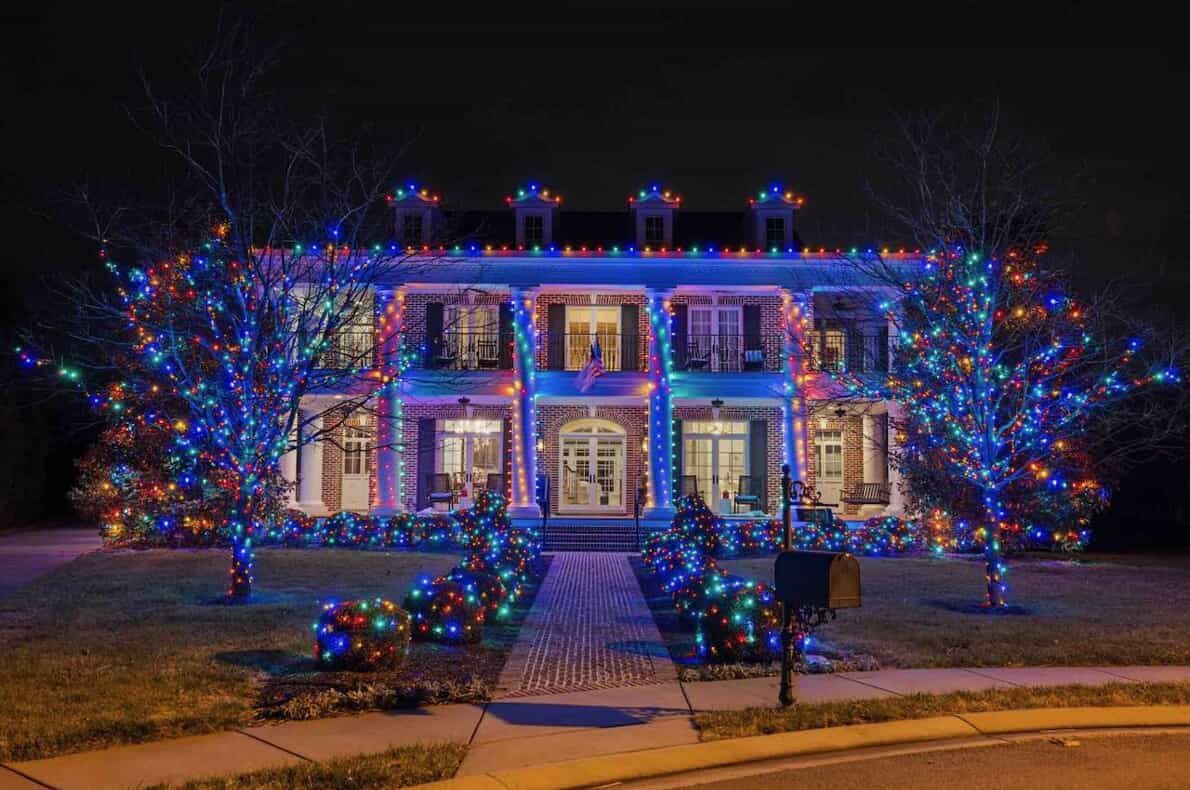 large home with multicolored lights