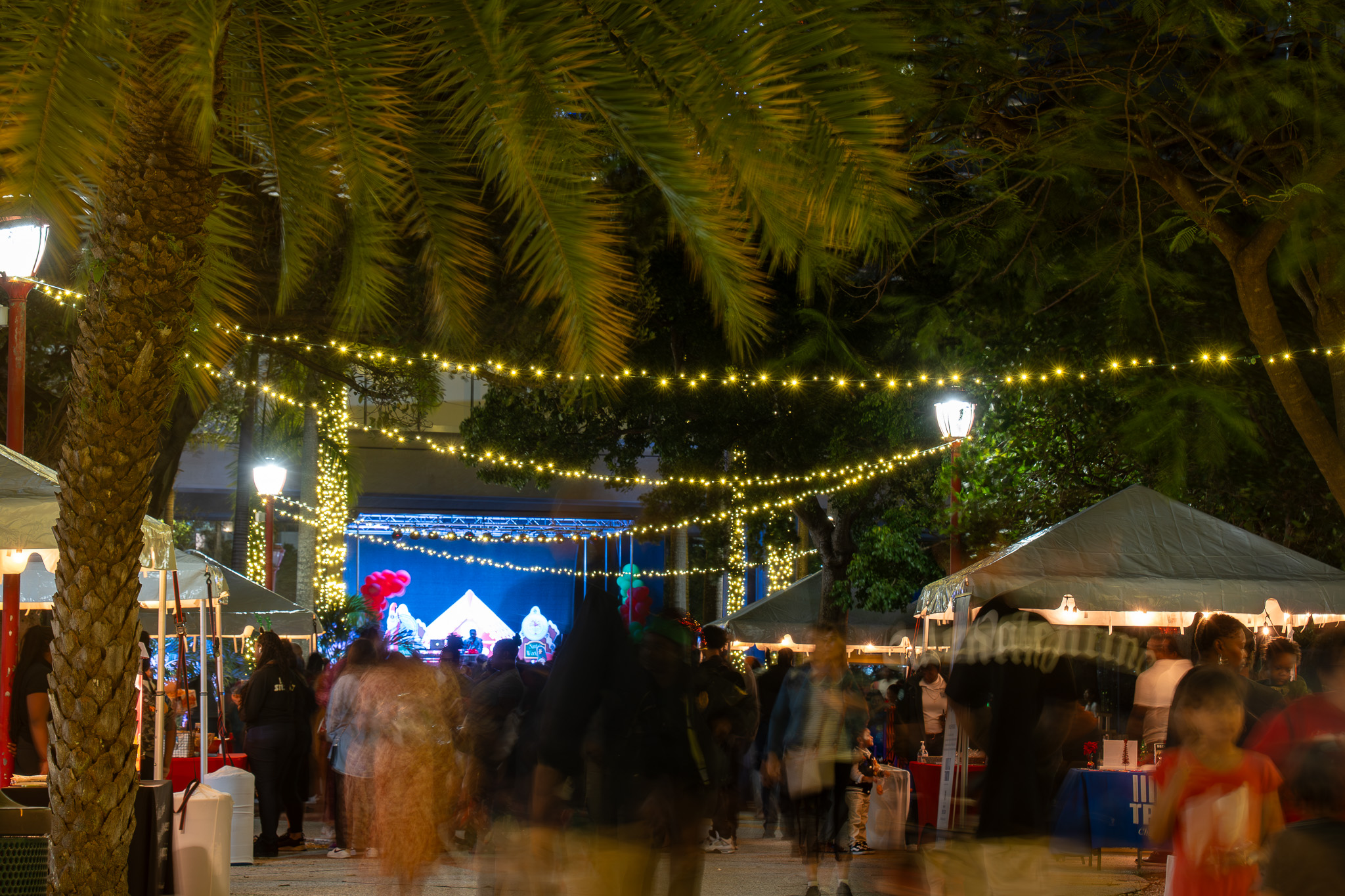 string lights over a market