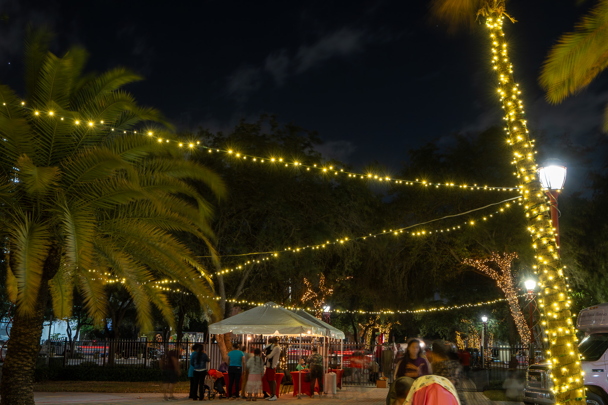 string lights over a market
