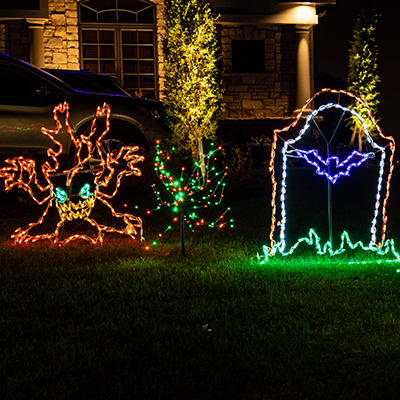 multicolored lights on bushes in front of home