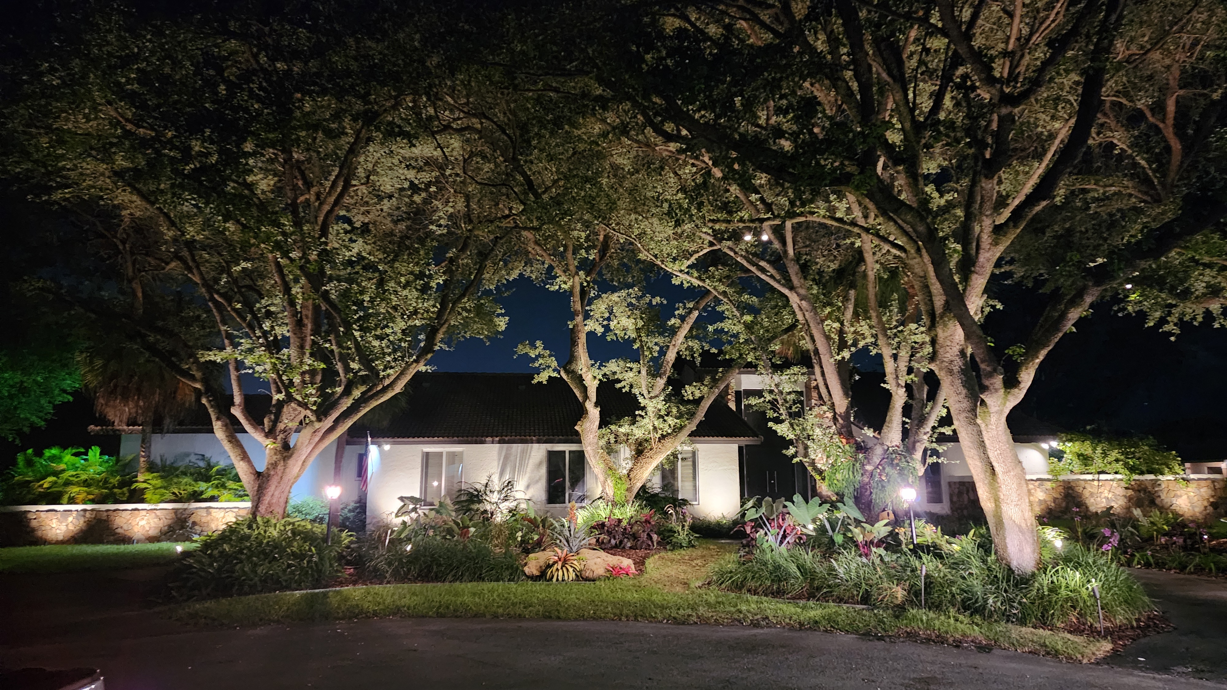 brightly lit house with trees
