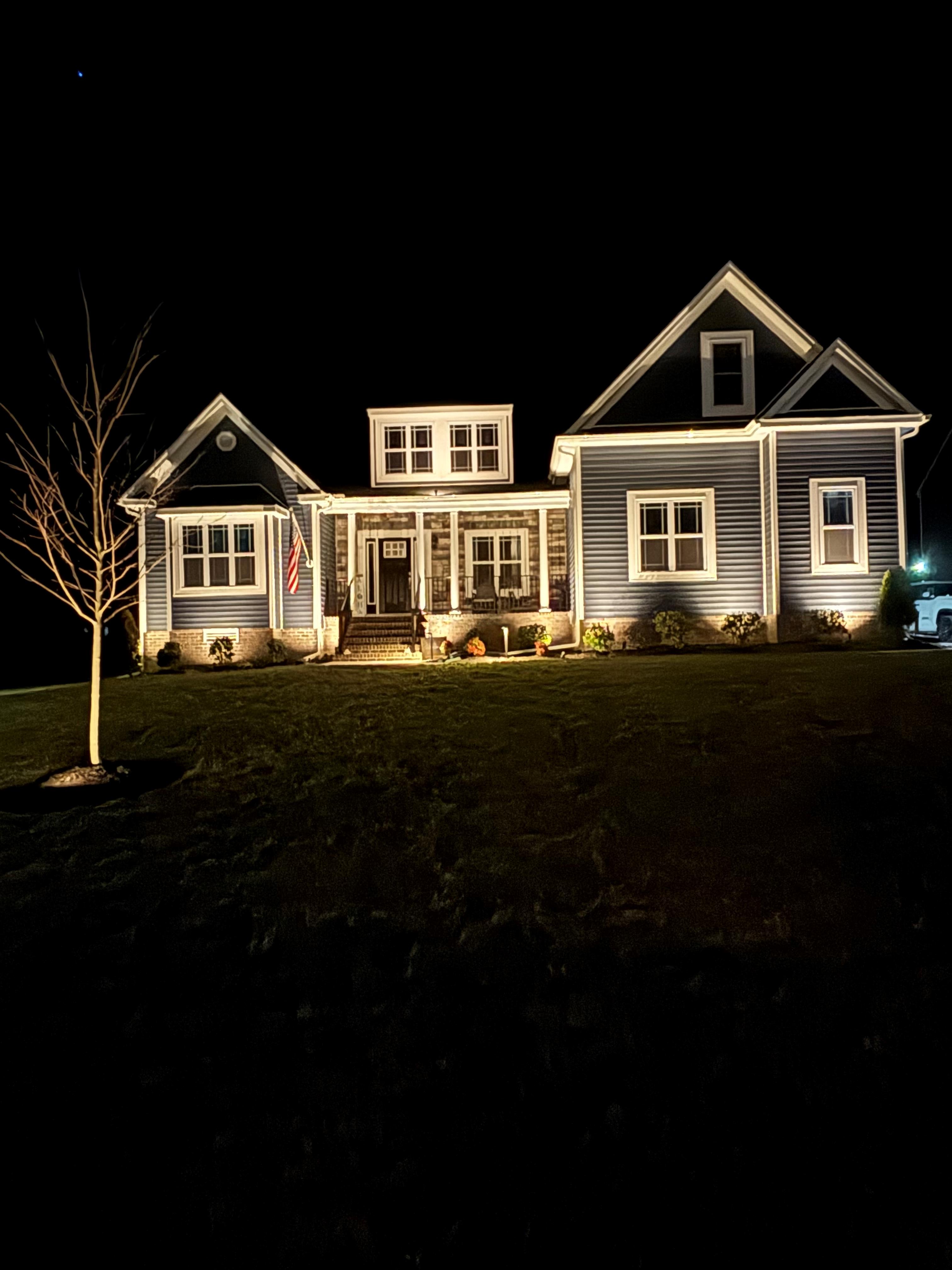 Traditional landscape design with single tree up lights