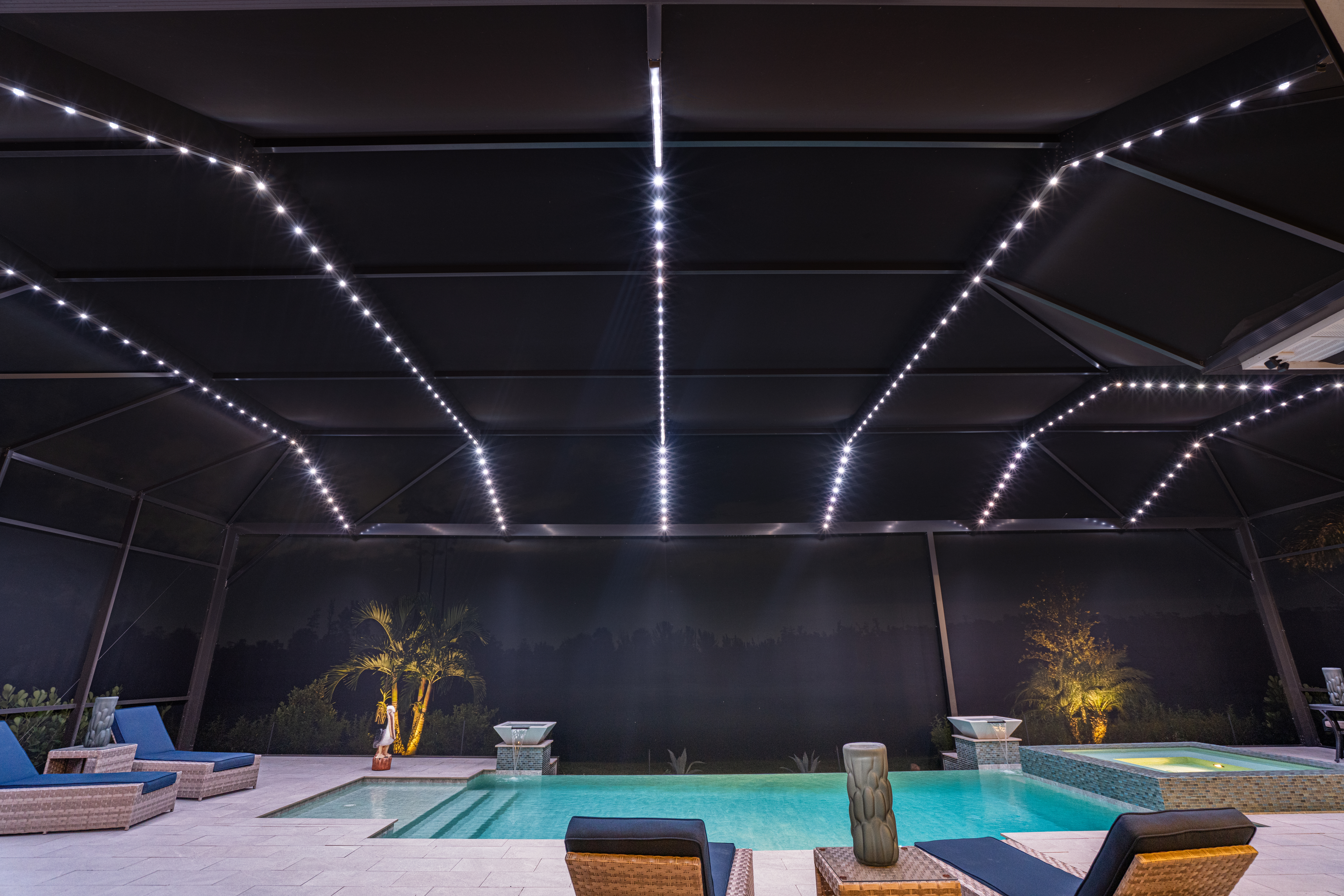 Customizable year-round lighting on a pool cage in Fort Myers FL