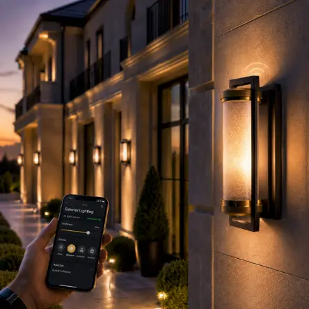 Image of a person controlling their outdoor smart lights with their phone.