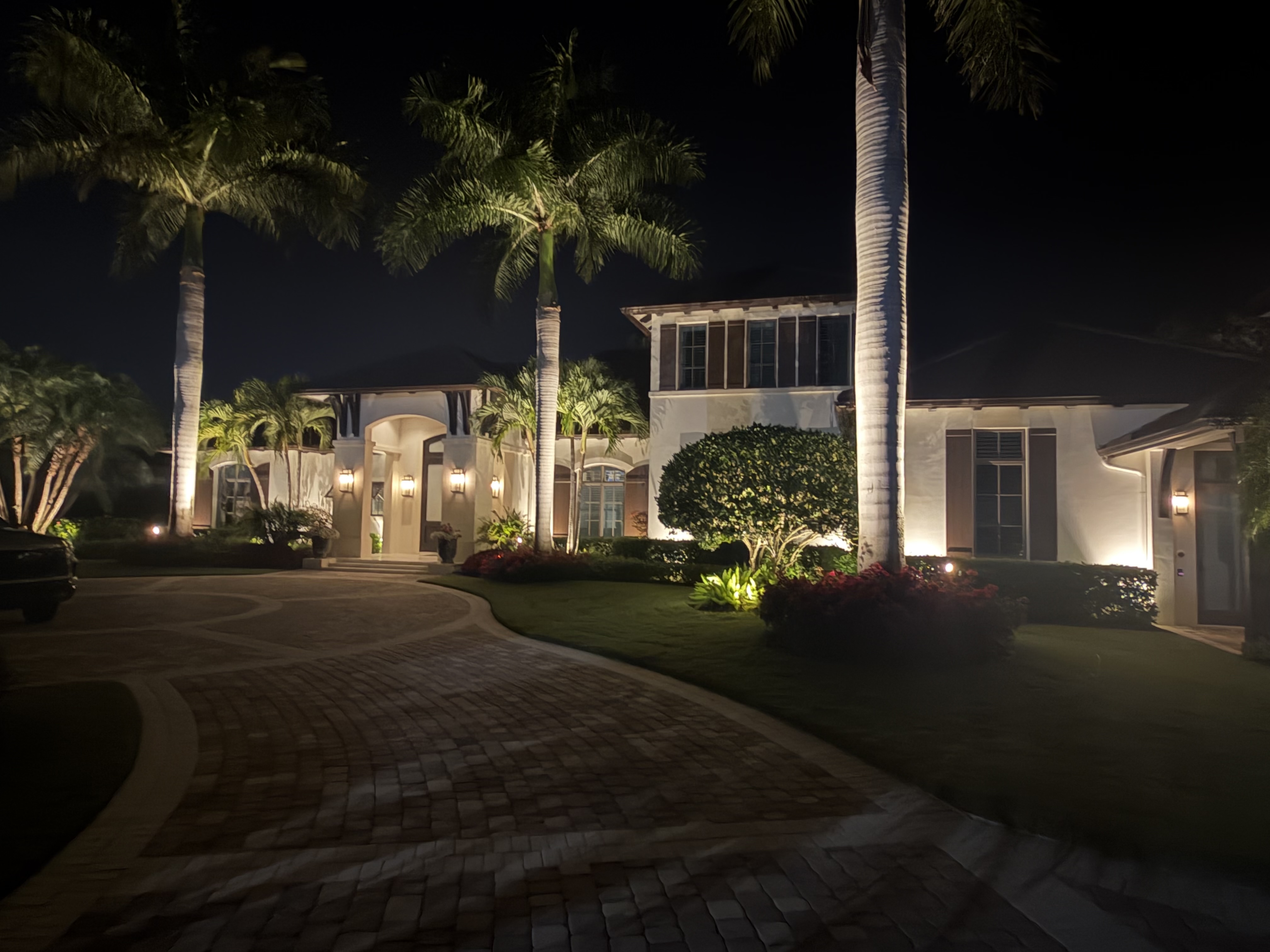 Warm white LED uplighting highlighting mature palm trees and architectural columns for a luxury estate in Cape Coral, Florida